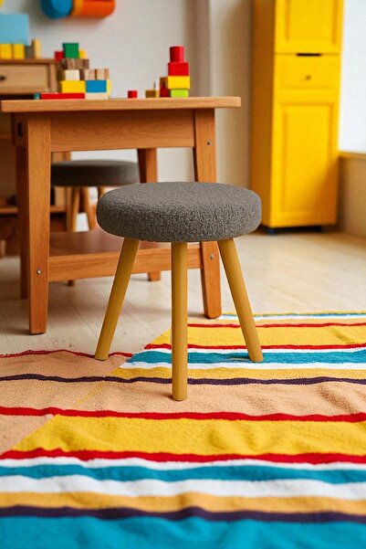 Zinnet Design Verona Dekoratif Peluş Puf Tabure – Yuvarlak Ahşap Ayaklı Retro Bench, Makyaj Masası & Salon Pufu
