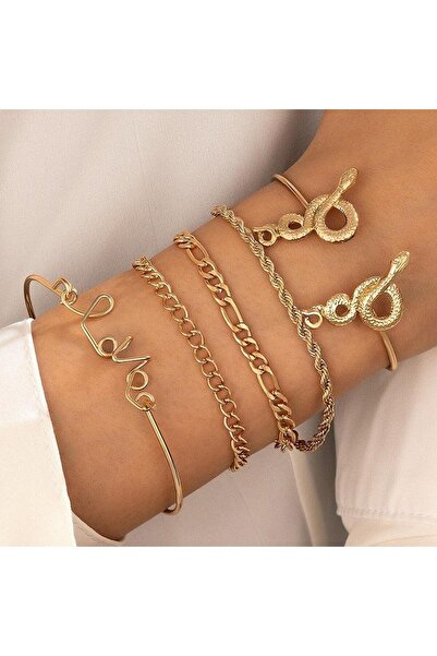 Pursehuit Set de 5 brățări aurii, cu zale și șerpi, Cia C2