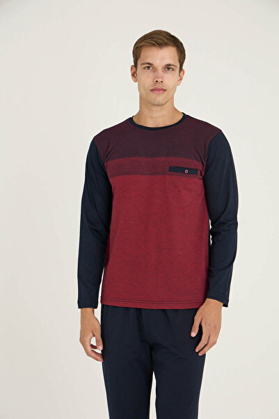 KLY Men's Burgundy Midi Collar Pajama Set Comfortable Sleep Stylish Design