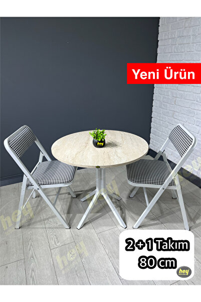 hey modüler mobilya Aras Traverten 2 Kişilik Yuvarlak Mutfak Yemek Masası Tak...