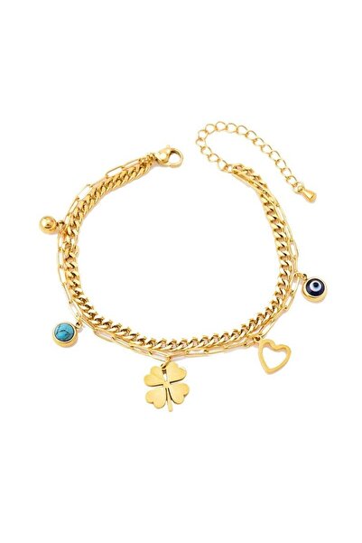 Pursehuit Brățară aurie, oțel inoxidabil, în 2 straturi, cu trifoi, suflată c...