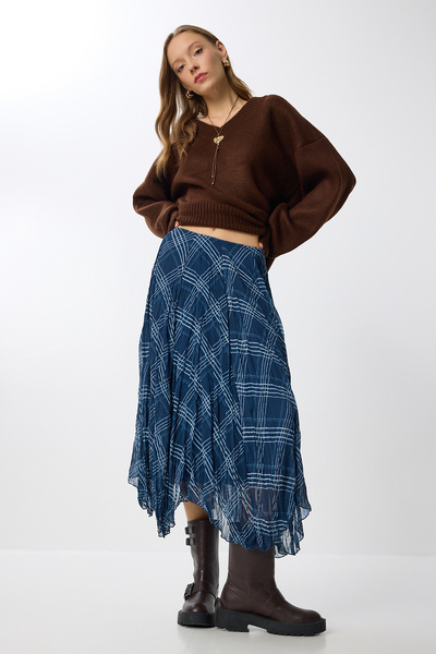 Lovelyİstanbul Desenli Kırışık Efektli Midi Şifon Etek LNS0082 LACİVERT