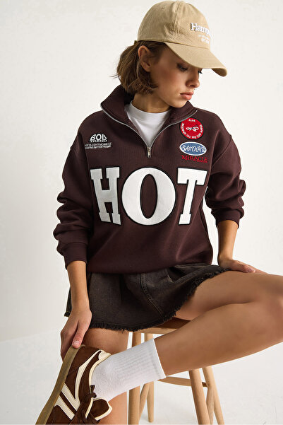 Bianco Lucci Women's Zippered Stand Collar Embroidered Three Thread Raised Oversize Sweatshirt 10006 60284067