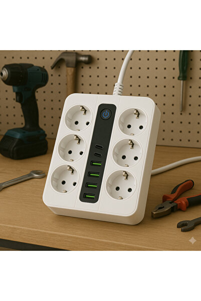 SMAYLİNG 6 Prizli Akıllı Uzatma Kablosu – 4 USB-A + 2 Type-C Hızlı Şarj Çıkışlı Akım Korumalı , 2 Metre Kablo