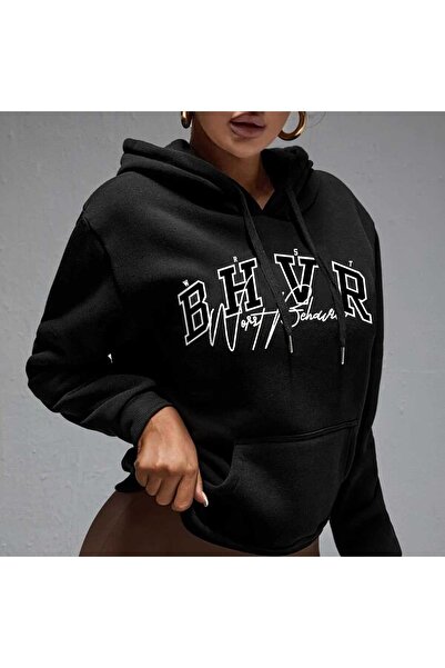WOODROFFE Γυναικείο φούτερ με κουκούλα BHVR με στάμπα γκρι μαύρο oversize χαλαρό