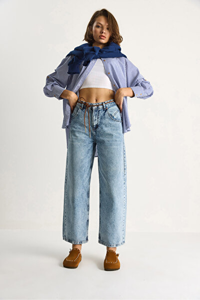 Bianco Lucci Kadın Geniş Paça Yüksek Bel Deri İp Kemerli Denim Pantolon 5288 60284109