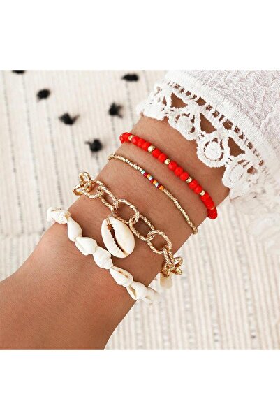 Pursehuit Set de 4 brățări aurii, cu scoici și mărgele roșii, Nuria C5