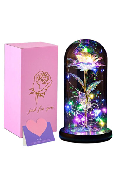 Manolex Cadou romantic Trandafir etern cu LED în cupolă de sticlă, Baza de lemn , Manolex®