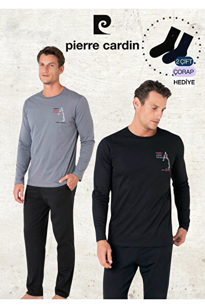 Pierre Cardin Erkek %100 Pamuk Uzun Kol Baskılı Koyu Gri & Siyah İki Adet Pijama Takımı L1.PC.6103.002