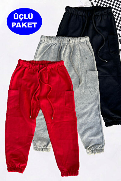 twins tailors 3-Pack Unisex Red-Grey-Black Children's Sweatpants with Elastic Legs and Fleece Inside