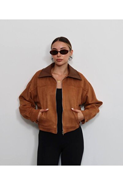 Tumtum Wear سترة بومبر من الجلد الصناعي بياقة من جلد الغزال