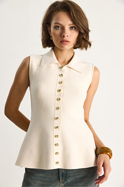 Bianco Lucci Women's Button Detailed Collared A-Line Peplum Knitwear Vest Ty251014 60284099