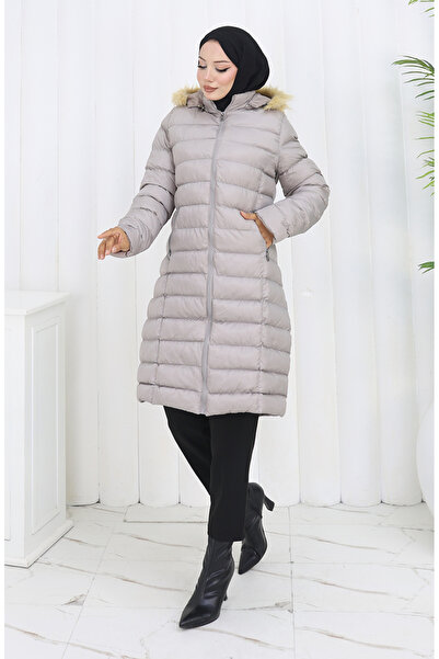 sefamerve Kapüşonlu Fermuarlı Şişme Mont 0168-01 Taş