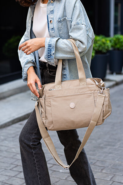 Sanmorris Multi-Pocket Women's Shoulder Bag Large Size Daily Hv7003 Beige