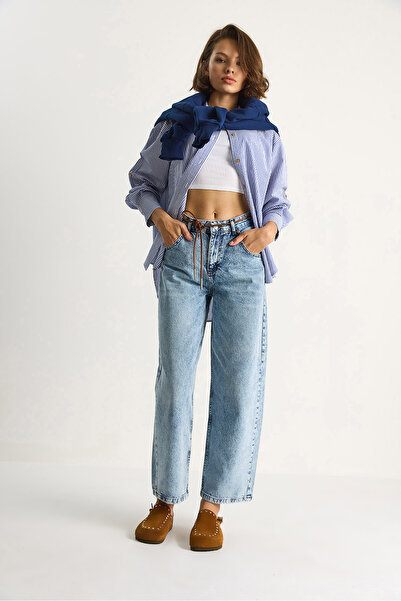 Bianco Lucci Kadın Geniş Paça Yüksek Bel Deri İp Kemerli Denim Pantolon 5288 60284109