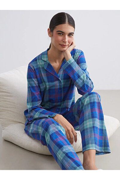 LC Waikiki LCW Young Lacivert Gömlek Yaka Ekose Kadın Pijama Takımı