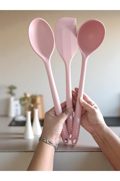 IVORY 3'lü Silikon 35 cm Kepçe Spatula ve Kaşık Set Pembe
