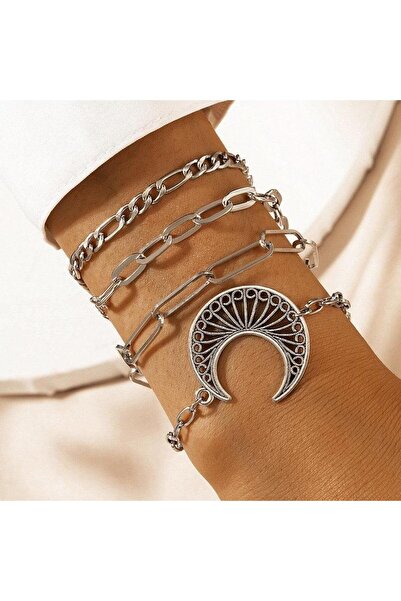 Pursehuit Set de 4 brățări argintii, cu zale și semilună, Chresta C2