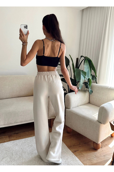 Zoom Butik Üç İplik Yüksek Bel Eşofman - BEJ