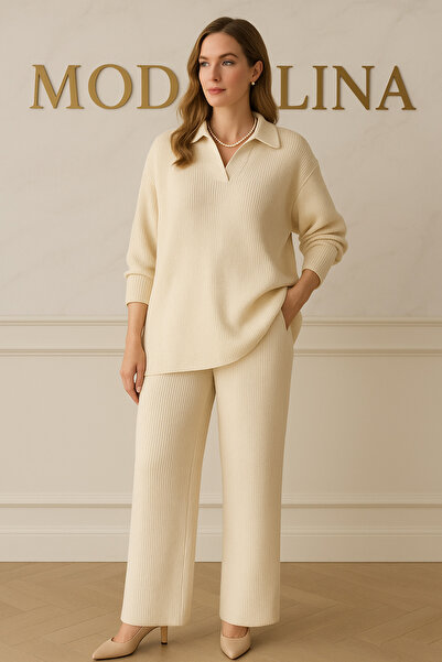 cheen Women's White Shirt Polo Neck New Season Winter Knitwear Bottom Top Set