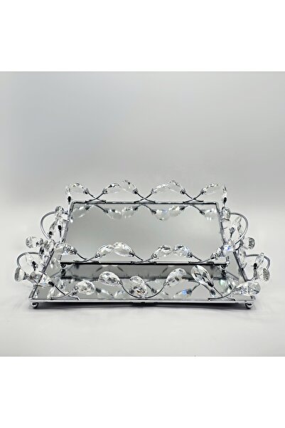 Furkan صينية مستطيلة من الكريستال المزخرف مكونة من قطعتين فضية اللون