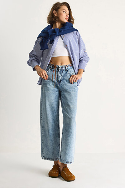 Bianco Lucci Women's Wide Leg High Waist Leather Rope Belt Denim Pants 5288 60284109