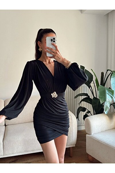 Zoom Butik Kruvaze Önü Tokalı Elbise - SİYAH