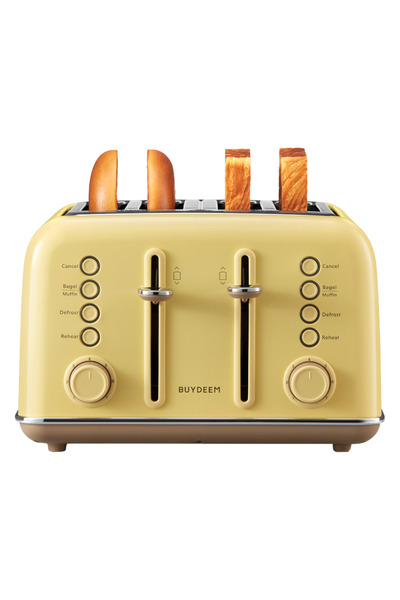 BUYDEEM DT640E Bread Toaster, 1800W, 4 Slots, 7 programs and levels, Indicators, Crumb Trays, Yellow