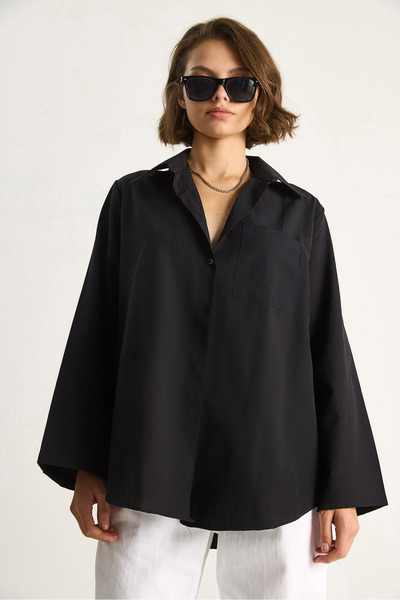 Bianco Lucci Women's Wide Sleeve Single Pocket Detailed Oversize Basic Poplin Shirt 2144 60284103