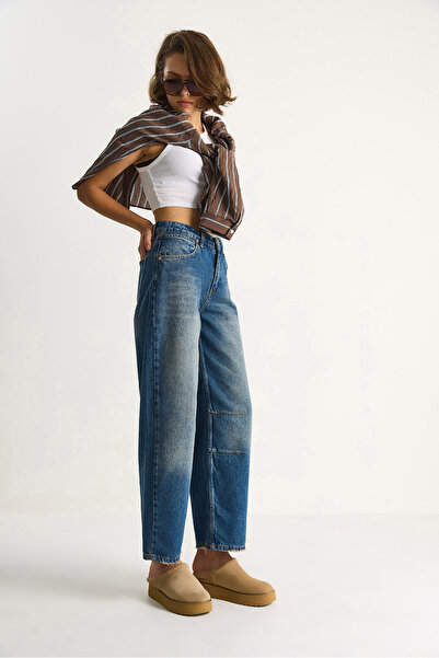 Bianco Lucci Kadın Baggy Fit Yüksek Bel Düz Paça Denim Pantolon 5287 60284108