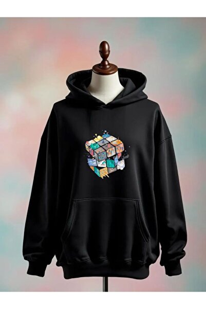 Vordevia سويت شيرت أسود كبير الحجم مطبوع عليه مكعب روبيك مصنوع من القطن بثلاثة خيوط