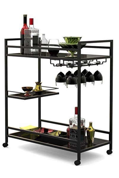 teknotrust Şık Siyah Servis Arabası ve Içecek Sunumu Seti