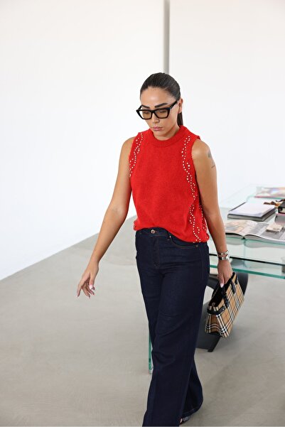 Özge Özgenç Sleeveless Stone Printed Knitwear Blouse