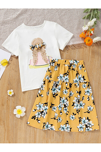 Take Two By Styli Girls Graphic Print Bow Detail T-Shirt and Skirt Set