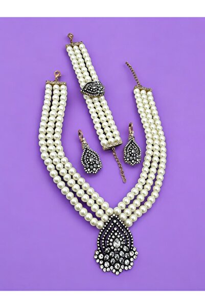 FUYA JEWELLERY Elmas Montür Damla İnci Kolye, Küpe ve Bileklik Set