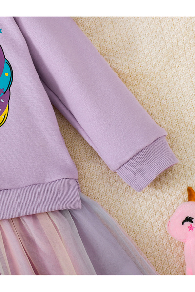 Take Two By Styli Girls Purple Unicorn Sweatshirt and Mesh Skirt Set