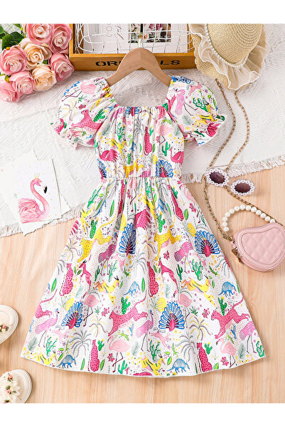 Take Two By Styli Girls Multi Graphic Print Square Neck Dress