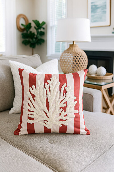 Pilloveland Punch Nakışlı Kırlent Kılıfı - 43*43 Cm - Mercan - PNK001