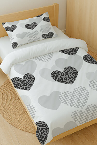 Else Dekor Gray Black Hearts Patterned Cotton Satin Single Duvet Cover Set 160X220Cm