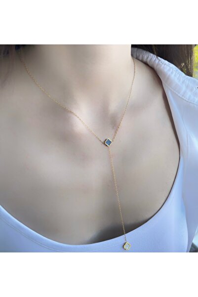 Tasarım Y Kolye Siyah Ve Beyaz Yonca Marka Model Çelik Kolye