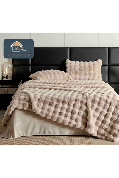 JOJO HOME Double bed linen, Extra Fluffy, made of artificial rabbit fur, 6 pieces, Beige