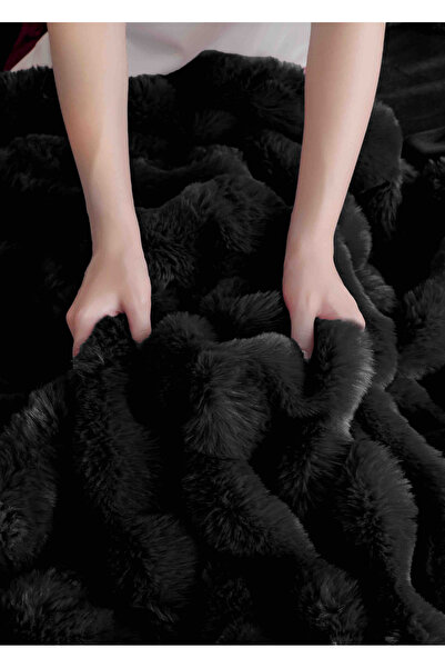 JOJO HOME Double bed linen, Extra Fluffy, made of artificial rabbit fur, 6 pieces, Black
