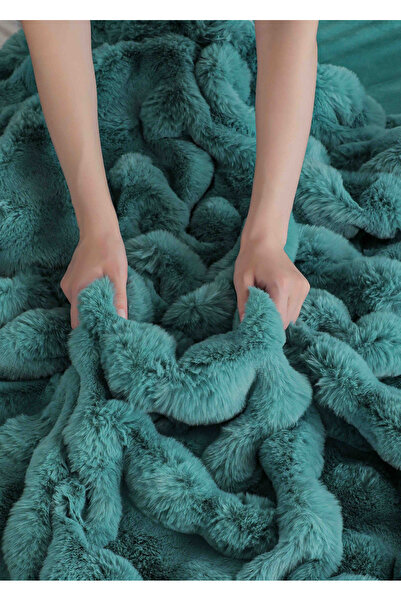 JOJO HOME Double bed linen, Extra Fluffy, made of artificial rabbit fur, 6 pieces, Blue