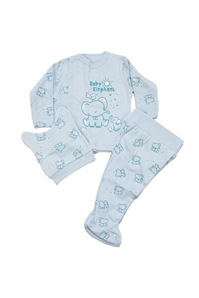 bebegen طقم بيجامة للأطفال الذكور مكون من 3 قطع بطبعة فيل أزرق مع أزرار كبس 0-3 أشهر