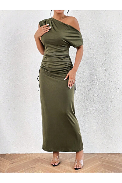 Take Two By Styli Solid Ruched Detail One Shoulder Maxi Dress