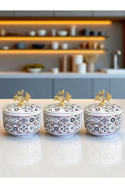 ferayhome Kitchen Accessory 3-Piece Breakfast Storage Container Spice Rack Sugar Bowl Ceramic Pattern Gold