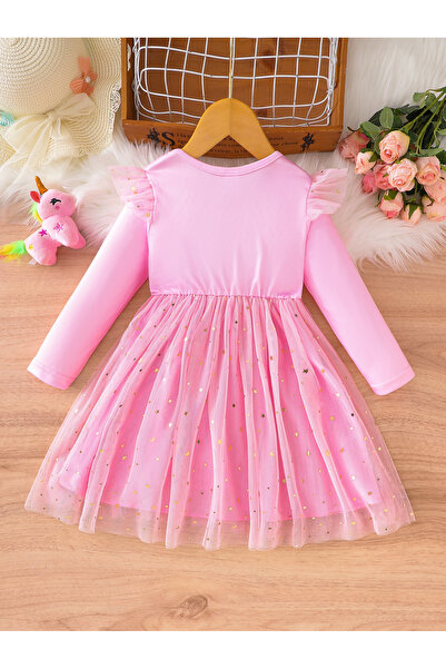 Take Two By Styli Girl Pink Graphic Print Tulle Mesh Dress