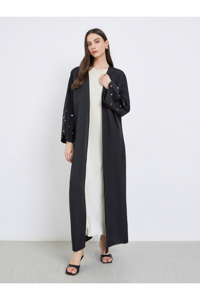 Take Two By Styli Black Open Front Embroidered Sleeve Abaya