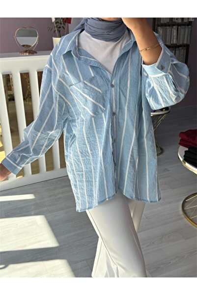 HERMANAS BUTİK Düşük Omuzlu Çizgili Gömlek