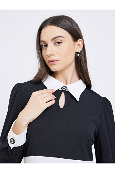 Take Two By Styli Contrast Collar Balloon Sleeve A-Line Maxi Dress